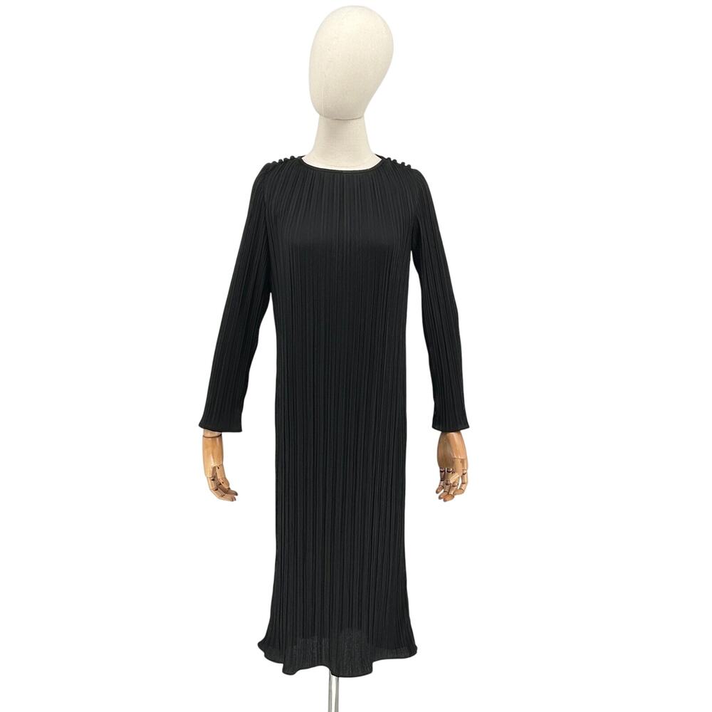 80s Vintage Kappi Black Micro Accordion Pleat Long Sleeve Midi Dress Size S